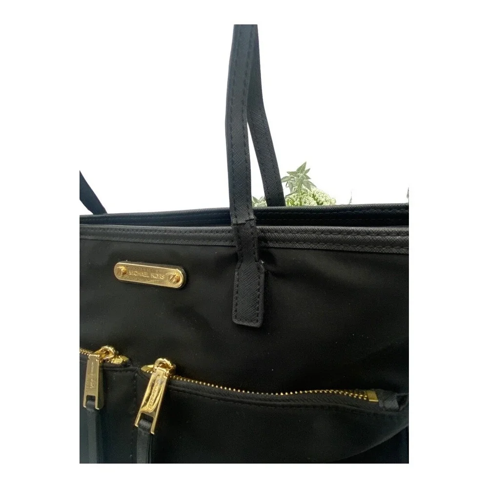 Michael Kors Kempton Medium Pocket Tote‎ Bag black leather nylon zip gold
